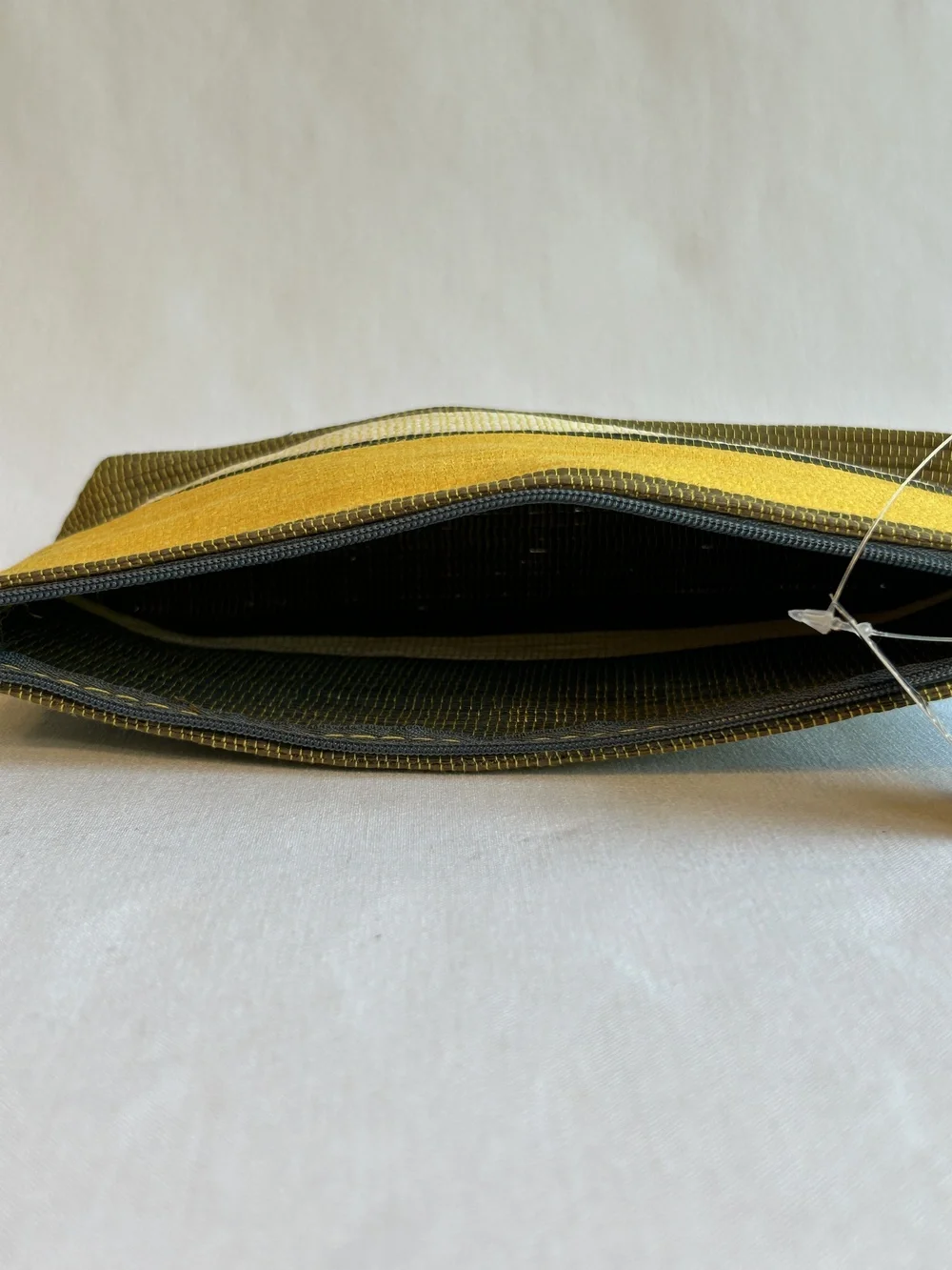 OSM Clutch Bag Womens Yellow Olive Green Zippered Abaca Paper Woven Stripe New